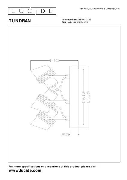 Lucide TUNDRAN - Plafondspot - Ø 21 cm - 3xGU10 - Zwart - technisch